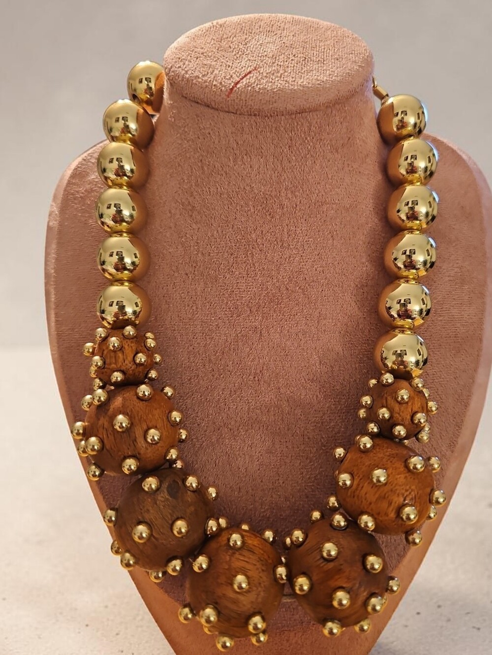 Wood Bead Statement Necklace with Gold Accents - Brown